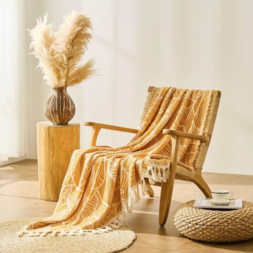 DOWN HOME Chenille Cotton Throw Blanket for Couch, Lightweight Boho Blanket for Bed Sofa Chair Living Room Outdoor Soft Woven Decorative Blanket with Tassel Gift Orange Leaves 50"x70" - color: Orange, size: 50"x70"