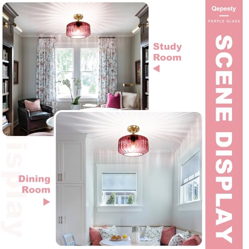 2-Pack Purple Ribbed Glass Ceiling Light, Semi Flush Mount Fixture | Anti-Rust, E26 Socket, Easy To Install, Max 60W, Ideal For Bedrooms, Bathrooms, Hallways, Closets, Apartments - color: Purple, 2 Pack