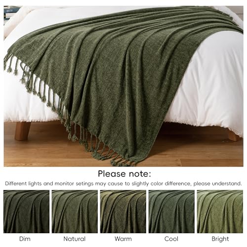 BATTILO HOME Olive Green Chenille Throw Blanket for Couch, Soft Cozy Textured Knit Throw Blanket with Handmade Fringe Tassels, Lightweight Decorative Farmhouse Blanket for Sofa Bed Chair, 50"x60" - color: Olive Green
