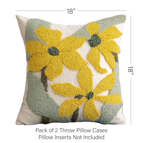 Summer Floral Throw Pillow Covers 18x18 Inch Set of 2, Chenille Embroidered Pillowcase with 3D Tufted Yellow Flowers Sage Green Leaves, Boho Decorative Cushion Covers for Couch Sofa Bed - color: Yellow, size: 18" x 18" (Pack of 2)