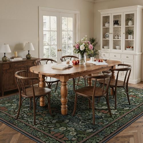 Bavni 9x12 Area Rugs for Living Room, Floral Rug Machine Washable Non Slip, Vintage Boho Forest Carpet, Soft Low Pile Thin Lightweight Rugs for Bedroom, Farmhouse, Dining Room Office, Dark Green - color: Dark Green, size: 9' x 12' (Rectangular)