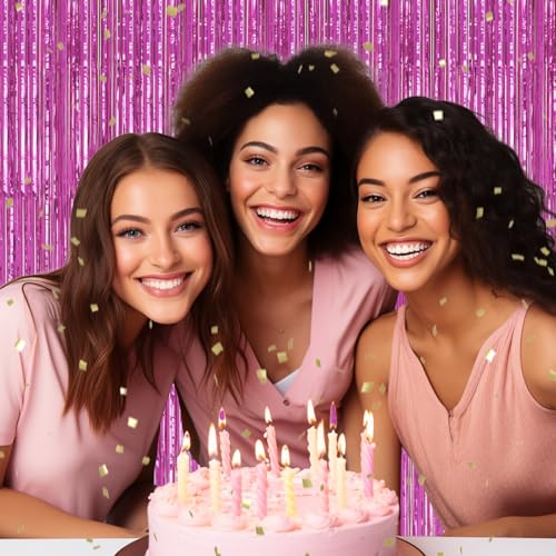 DECOCKRAT 3 Pack Foil Fringe Backdrop - Hot Pink Shiny Tinsel Curtains for Party Decoration/Photo Booth Props - 3.3x8.2 FT Metallic Foil Backdrop for Birthday, Wedding, Graduation, Christmas. - color: Hot Pink