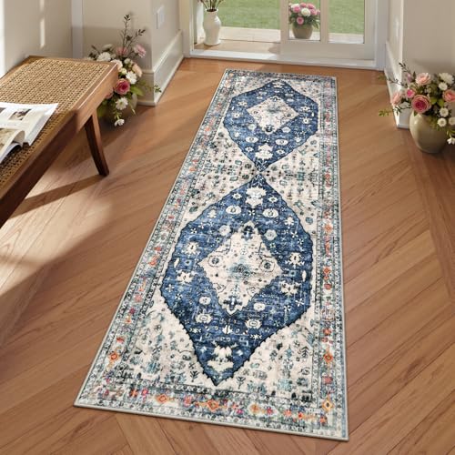 Lahome Felice Boho Tribal Runner Rug - 2x5 Blue Soft Bathroom Rug Runner Laundry Room Mat, Medallion Soft Non Slip Machine Washable Entryway Carpet Runners for Kitchen Sink Bedside Front Door Hallway - color: Blue, size: 2' x 5' (Runner)