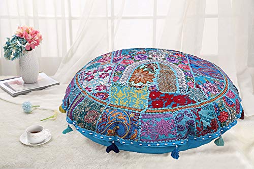 Indian Bohemian Floor Cushion Extra Large Turquoise 40 Inch Patchwork Living Room Pouffe Footstool Home Decor Embroidered Vintage Cotton Round Floor Pillow Bohemian 40x40