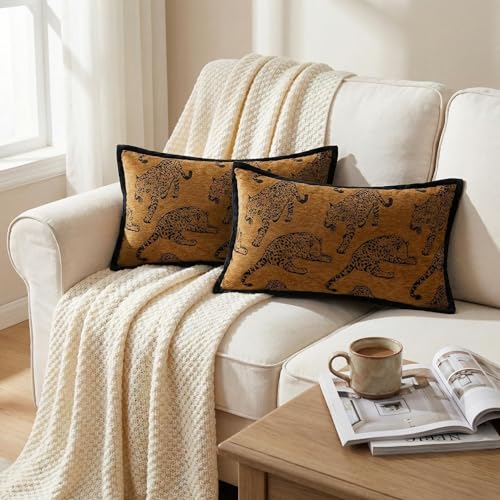 Mantle & Mason Leopard Lumbar Throw Pillow Covers 12x20 Set of 2 Cheetah Decorative Pillow Covers for Couch Bed Living Room Mid Century Modern Soft Cushion Covers Brown - color: Leopard Camel, size: 20" x 12" (Pack of 2)