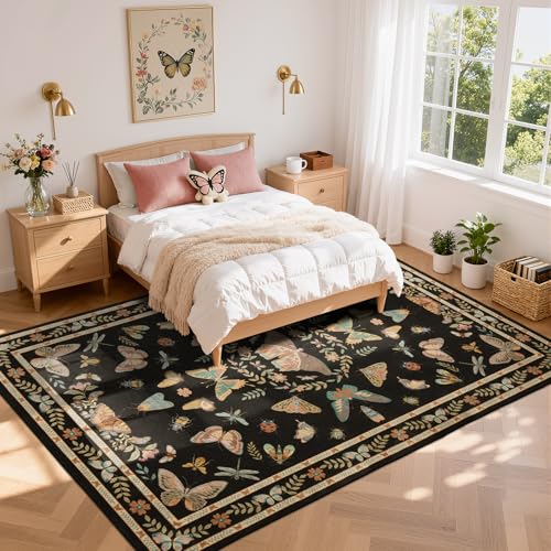 Unirea 5x7 Black Living Room Bedroom Area Rug, Large Washable Non Slip Rug for Dining Room Under Table, Kids Room, Home Office, Thin Soft Boho Stain Resistant Insect Bug Rug, Low Pile Carpet - color: Black, size: 5'x7'