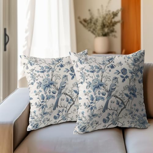 Chinoiserie Blue & White Pillow Covers - 16x16 Inches, Bule Birds & Flowers Design, Set of 2 for Home Couch & Sofa - color: Chinoiserie Flowers240413, size: 16" x 16" (Pack of 2)