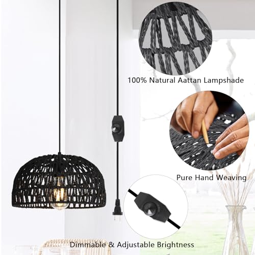 HuisMier Rattan Hanging Lamp Plug in Pendant Light, 15 Ft Hanging lamp with Wicker Woven Basket Lampshade, Dimmable Boho Hanging Lamp for Dining Room Living Room Bedroom, Black - color: Rattan Black