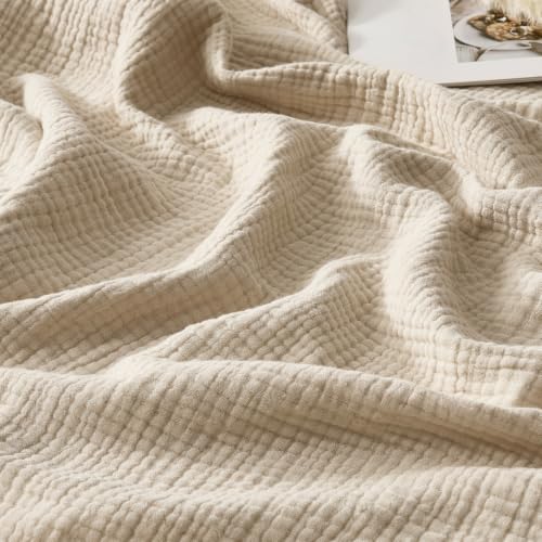 WDCOZY Muslin Throw Blanket 100% Cotton Blankets 4-Layer Breathable Lightweight Soft for Couch Boho Farmhouse Linen Tassels Ruffle Gauze Blankets All Season for Adults 50x60 Inches Beige Tan Neutral - color: Beige, size: Throw (50"x60")