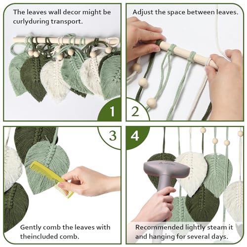 MIPON Macrame Wall Hanging Leaves Decor,Boho Handmade Woven Leaf Tassels Tapestry Gift Ideas for Nursery, Bedroom, Living Room, 15.7 X 28 Inch(Green)