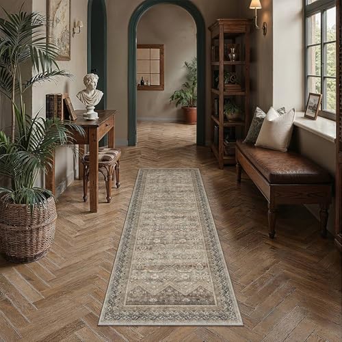 HUGEAR 2x6 Runner Rugs Retro Brown Washable Hallway Rug Vintage Boho Bedroom Rug No Shedding Soft Durable Low Pile Carpet Non Slip Indoor Dining Room Kitchen Home Decor Floor Mat - color: Taupe Brown, size: 2' x 6' (Runner)