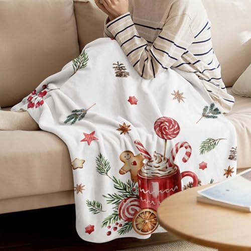 Christmas Throw Blankets, Gingerbread Candy Cane Soft Fleece Blanket Decorative for Home Sofa Couch Chair Living Bedroom Dorm,40x50 Inches, Hot Cocoa Holly Xmas Ball - color: Christmas-hot Cocoa, size: 40x50 Inch