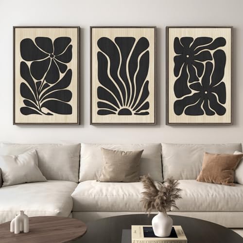 Framed Textured Wood 3D Wall Art for Living Room, Large Boho Floral Black and Beige Artwork for Walls, 3 Piece Abstract Bohemian Flower Wood 3D Art for Office Bedroom Hallway Wall decor, 24x36 Inch - color: Black Beige, size: 24" W x 36" H x 3Pcs