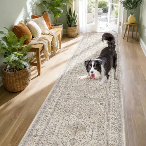 2x10 Runner Rug for Hallway Washable: Non Slip Kitchen Rugs with Rubber Backing Soft Waterproof Wide Mats Stain Resistant Low Pile Carpet for Entryway Bedroom Bathroom Laundry Home Decor Beige/Gray - color: Beige/Gray, size: 2' x 10' (Rectangular)