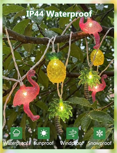 8.5Ft Summer Beach Hawaiian String Lights Outdoor with 10 LED Flamingo Pineapple Palm Tree Lights, Plug in Tropical Party Decorations Lights for Patio Backyard Garden Window Tiki Bar Pool Party Decor - color: Flamingo/Pineapple/Palm Tree