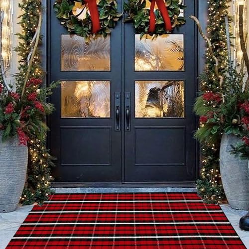 Buffalo Plaid Outdoor Rug, 3' x 5' Christmas Red & Black Check Indoor/Outdoor Area Rug, Layering Rug for Hello/Welcome Door Mat, Machine Washable Cotton Woven Farmhouse Mat for Front Porch Décor - color: Christmas Plaid, size: 3' x 5' (Rectangular)