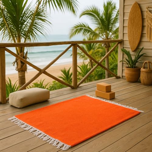 Open Road Goods Solid Color Mexican Yoga Blanket – Large Handwoven Throw for Yoga, Beach, Camping or Home – Soft and Durable Cotton Blend - color: Tangerine Blanket