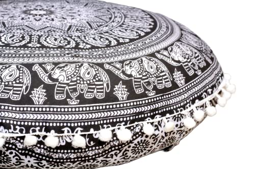 Round Mandala Floor Pillow Cover Seating Cushion Throw Cover Hippie Decorative Bohemian Ottoman Pouf Cover, Pom Pom Pillow Cases,Boho Indian 22 Inches (Black Elephant Flower) - color: Black Elephant Flower