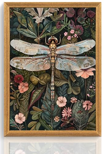 ICHZUMW William Morris Vintage Dragonfly Canvas Wall Art Framed, Green Botanical Wall Decor Pictures for Bedroom Living Room, Colorful Nature Painting Artwork Prints, Rustic Home Decorations, 16x24in - color: Dragonfly, size: 24"L x 16"W