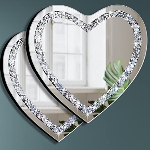 DMDFIRST Heart Shaped Silver Glass Mirror 2 Pack 12x12inch Crystal Crush Diamond Decor Chain Mirror for Wall Decoration - size: 2 PACK 12x12 inch