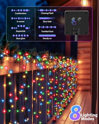 Brightown 2 Pack Solar String Lights Outdoor, Each 46Ft 120 LED Solar String Lights for Outside with 8 Modes, IP65 Waterproof Solar Outdoor Lights for Patio Garden Christmas Decorations, Multicolor - color: Multicolor, size: 2 pack