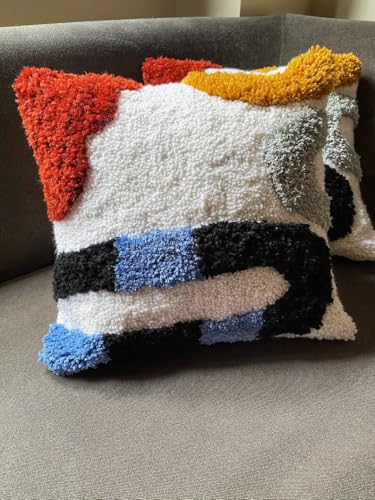 Abstract Tufted Throw Pillow Cover, Modern Geometric Art Decorative Pillowcase, Colorful Red Yellow Blue Black Tufted Cushion Cover for Sofa Couch Living Room Bedroom, 18x18 Inch (Pillow Insert Not In