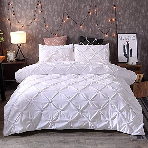 Feelyou Queen Duvet Cover Set Pinch Pleated Bedding Sets Pintuck Tufted Microfiber Polyester Luxury Comforter Cover with 2 Pillow Shams White, Solid Geometric Pattern 3 Pieces - color: White, size: Queen