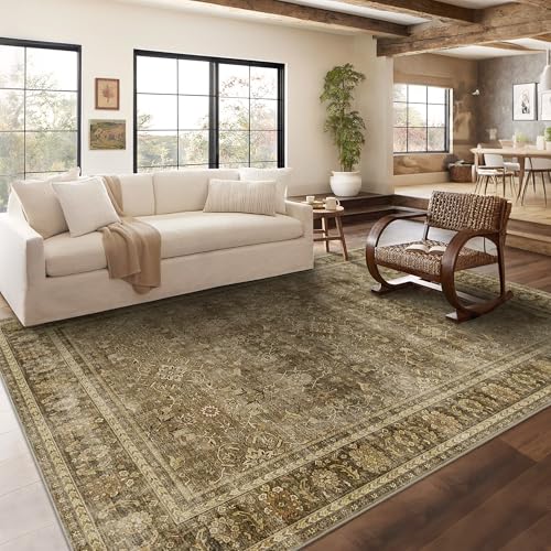 HelloTree Washable Rugs 8x10 Area Rug for Living Room, Vintage Boho Brown Rug Non Slip Carpet Retro Accent Indoor Mat Print Distressed Low Pile Throw Large Rug for Office Dining Room Bedside-Brown - color: Brown, size: 8' x 10' (Rectangular)