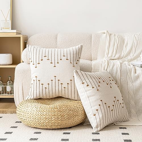 LILEPOY Boho Throw Pillow Covers 20x20 Set of 2 Neutral Decorative Textured Cushion Case Farmhouse Pillowcase Modern Square Pillow Covers for Sofa,Couch, Living Room,Beige and Brown - color: Beige and Brown, size: 20" x 20" (Pack of 2)