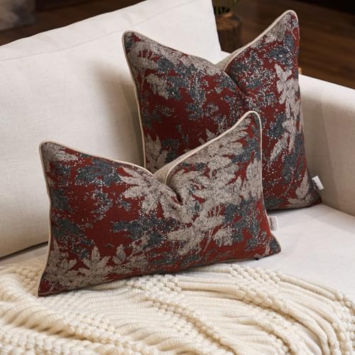 Yangest Neutral Leaf Pillow Cover 18 x18 Inches, Vintage Chenille Square Throw Pillow Cover Soft Leaves Nature Accent Couch Pillow Cover for Living Room Bedroom, Red - color: Red, size: 18" x 18" (Pack of 1)