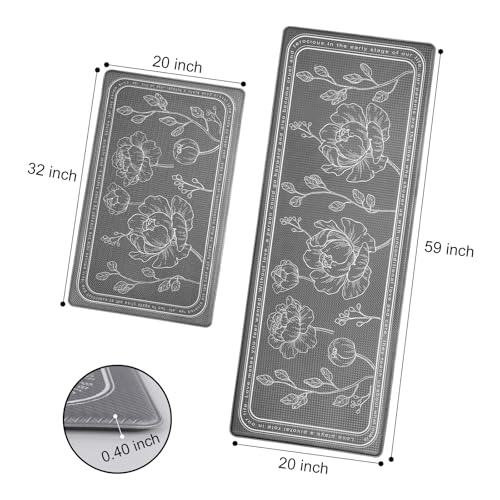 ROTTOGOON Kitchen Floor Mat Set of 2, Cushioned Anti Fatigue Kitchen Mat 20"x32"+20"x59", Non-Slip Waterproof Kitchen Rug, Premium PVC Comfort Kitchen Mats and Rugs for Kitchen, Office, Home, Laundry - color: Grey, size: 20"x32"+20"x59"
