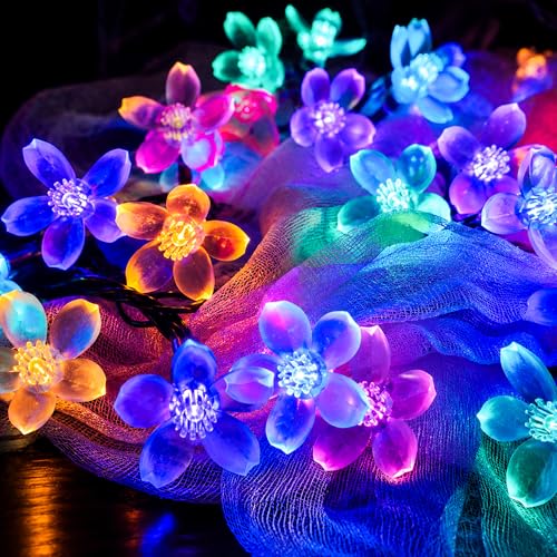 Pastel Flower Fairy Lights String with Timer for Easter Christmas Decor, | USB plug in 8 modes multicolored cherry blossom lights for wedding, Christmas Easter, bedroom, indoor outdoor decorations - color: 33ft Multicolor Flower Lights
