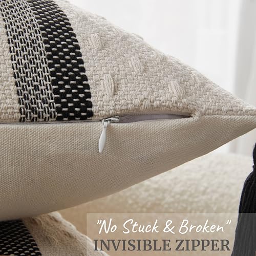 Boho Throw Pillow Covers with Tassels Woven Set of 2, 18x18 Inch Striped Textured Couch Throw Pillows for Couch Bed Sofa Bedroom Modern Funky (Black, 18"x18"(Pack of 2)) - color: Black