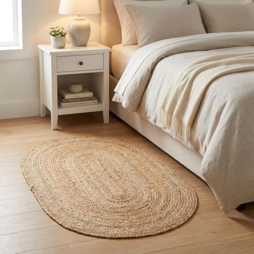 Boho Oval Jute Rug - Reversible Natural Fiber Hearth Carpet- Eco Friendly Floor Covering for Kitchen - Doorway Hand Woven, Natural,2' x 3' - color: Natural, size: 2' x 3' (Oval)