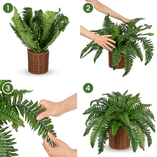 Hollyone Fake Fern Potted Plant Artificial Boston Ferns in Pot Woven Basket 35 Leaves Indoor Faux Fern Bush Plant 20inch for Patio Garden Farmhouse Windowsill Office Living Room Home Decor - size: Woven Pot - Long Fern