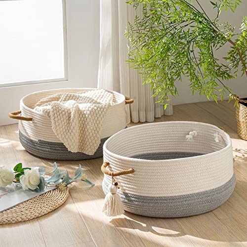 KAKAMAY Woven Baskets for Storage(16"x8"),Blanket Basket for Organizing Living Room,Cotton Rope Basket Woven Baby Laundry Hamper,Collapsible Laundry Room Organization,Clothes,Toy Chest(Grey) - color: Grey