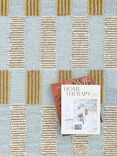 Hand Tufted Wool Rug with Scalloped Edges, Light Blue Plaid Pattern, Soft Area Rug for Living Room, Bedroom, and Nursery, Handmade Modern Accent Rug, Meadow Sky, 8'x10' - size: 8' x 10' (Rectangular)