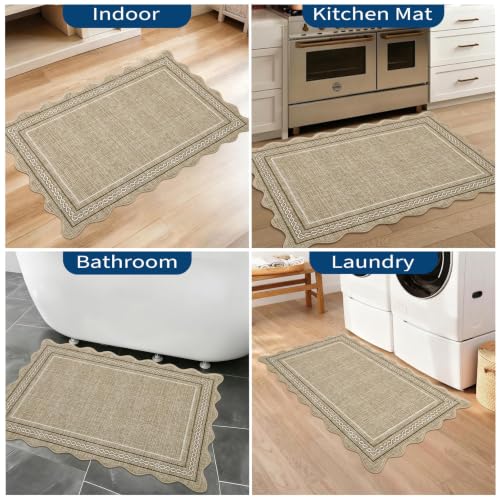 GarveeHome Scalloped Door Mat 2x3 Indoor Rugs for Entryway Washable Non-Slip Solid Small Rug Modern Soft Low-Pile Stain Resistant Carpet for Bedroom Kitchen Entrance Laundry, Jute Color - color: Jute Color, size: 2' x 3' (Rectangular)