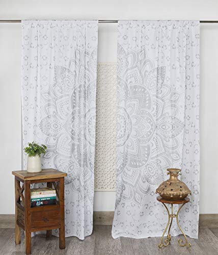 Popular Handicrafts Printed Curtains for Living Room Set of 2 Indian Hippie Bohemian Beautiful Ombre Color Mandala Curtain for Bedroom Panels White Valance 83 x 38 Inches - color: White Silver, size: 38"W x 83"L (Pack of 2)