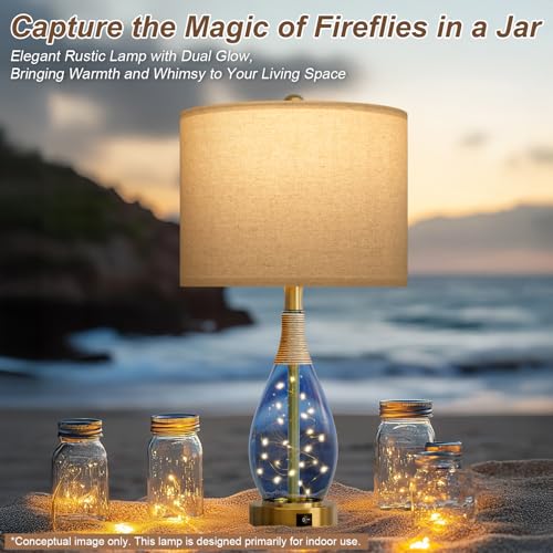 OYEARS 23" Table Lamps for Living Room Set of 2 Bedside Lamps for Night Stands Bedroom Lamps Farmhouse Rattan Boho Lamp Glass Nightlight End Table Lamp with USB C+A (Blue),Two Light Points - color: Blue