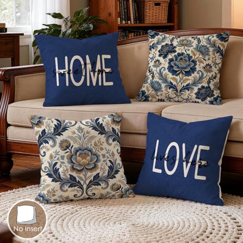 OBSEDE Love Lives Here Decorative Throw Pillow Covers 18x18 Set of 4 Navy Blue Floral Faux Linen Cushion Cases Single-Sided Print Square Accent Pillows for Couch Sofa - color: Love Lives Here