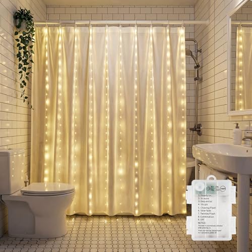 Brightown 180 LED Shower Curtain Lights, 70 Inch Warm White IP65 Waterproof Fairy Lights Battery Operated String Lights, 8 Modes Waterproof Christmas Lights for Indoor Outdoor Decor(No Curtain) - color: Warm White, size: 1 Pack-180 LED-Battery Powered
