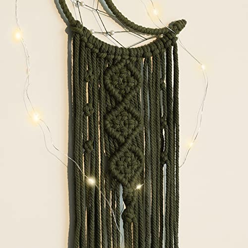 Boho Macrame Woven Wall Hanging for Kids, Crochet Crescent Moon Star Dream Catcher with Long Tasselt, Olive Cotton Handmade Bohemian Home Decor Decoration for Nursery Bedroom Dorm Room - color: Olive Green, size: Without Light