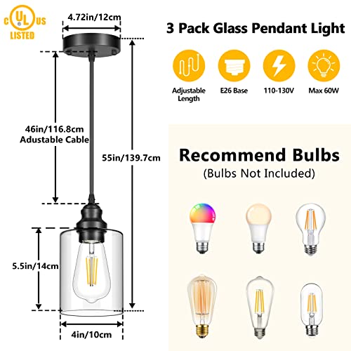 Licperron 3 Pack Hanging Pendant Lighting Fixtures, Adjustable Black Hanging Ceiling Lamp with Clear Glass Shade, Modern Pendant Light for Kitchen Island, Dining Room, Bedroom, Hallway - size: 3-Pack