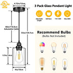 Licperron 3 Pack Hanging Pendant Lighting Fixtures, Adjustable Black Hanging Ceiling Lamp with Clear Glass Shade, Modern Pendant Light for Kitchen Island, Dining Room, Bedroom, Hallway - size: 3-Pack