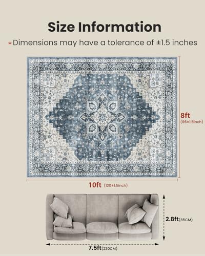 AMADA HOMEFURNISHING 8x10 Washable Area Rug, Low-Profile with Non-Slip Backing & Durable Edge Binding, Vintage Large Rugs for Living Room, Bedroom, Dining Room, Blue - color: Blue, size: 8' x 10' (Rectangular)
