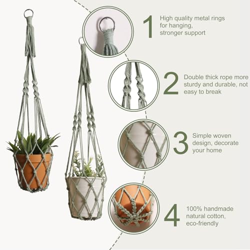 Artilady Macrame Hanging Planter for Indoor Plants, Boho Woven Plant Hanger Large Hanging Flower Pot Holders Outdoor Baskets Storage No Tassels Sage Green Wall Decor (Sage Green-2pcs) - color: Sage Green-2pcs