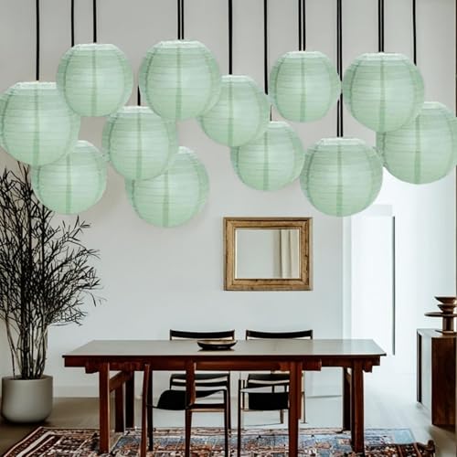 Dusty Sage Green Paper Lanterns Decorative Hanging Lanterns - Soft Matte Wedding Party Décor, Indoor Outdoor Boho Home Decoration (Size of 4”, 6”, 8”, 10”,12pc Set) - color: Sage Green, size: 4、6、8、10inch