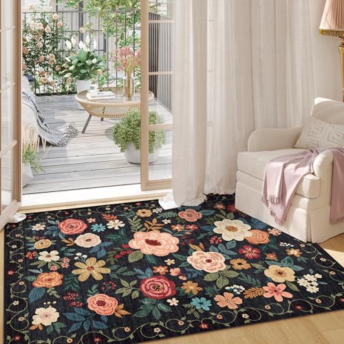 DUKINO 3x5 Area Rug, Floral Rugs for Living Room, Lightweight Non Slip Washable Rug, Indoor Low Pile & Non-Shedding Boho Design Rugs for Bedroom, Living Room, Dining Room, Black - color: Black, size: 3' x 5' (Rectangular)