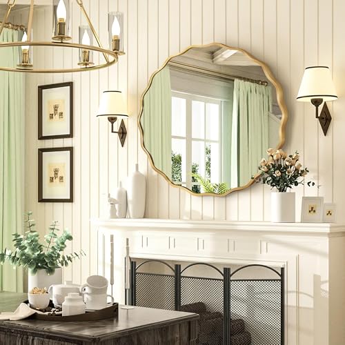 Gold Round Mirror for Wall, 24"x24" Decorative Wavy Bathroom Mirror with Brushed Alloy Steel Frame & Shatter-Proof Glass, Hanging Circle Wall Mirrors for Bathroom, Entryway (Gold, Small) - color: Gold, size: Small